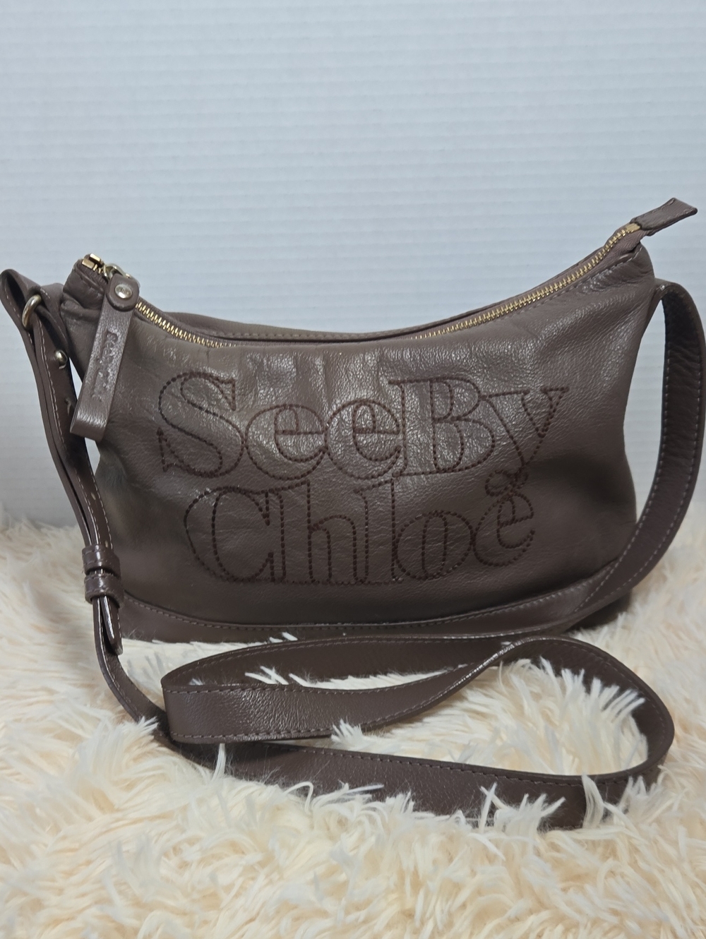 See By Chloe Chocolate Brown Leather Embossed Logo Crossbody